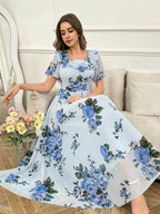 Modelyn Ruffle Hem Floral Print Fitted Chiffon Dress shein