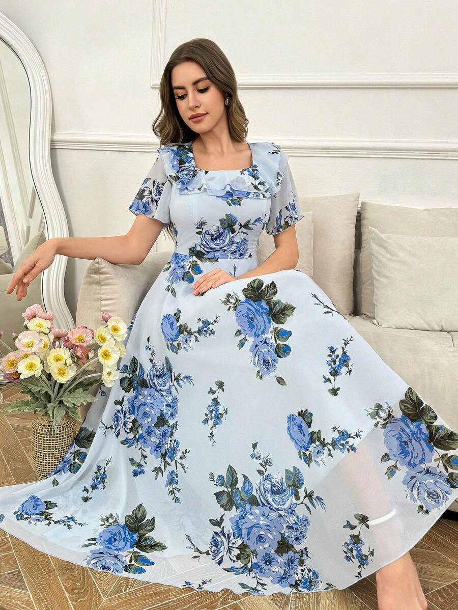 Modelyn Ruffle Hem Floral Print Fitted Chiffon Dress shein