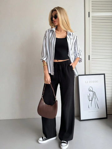 Luneh Square Neck Fitted Crop Top With Elastic Waist Bowknot Belt And Wide-Leg Pants + Vintage Leopard Print Button-Up Shirt