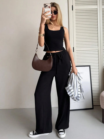 Luneh Square Neck Fitted Crop Top With Elastic Waist Bowknot Belt And Wide-Leg Pants + Vintage Leopard Print Button-Up Shirt