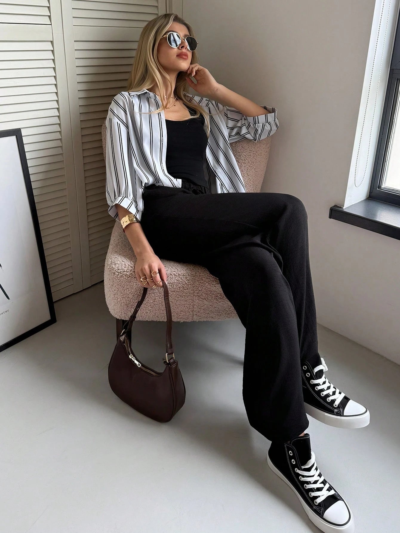 Luneh Square Neck Fitted Crop Top With Elastic Waist Bowknot Belt And Wide-Leg Pants + Vintage Leopard Print Button-Up Shirt shein