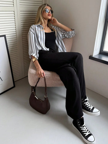 Luneh Square Neck Fitted Crop Top With Elastic Waist Bowknot Belt And Wide-Leg Pants + Vintage Leopard Print Button-Up Shirt