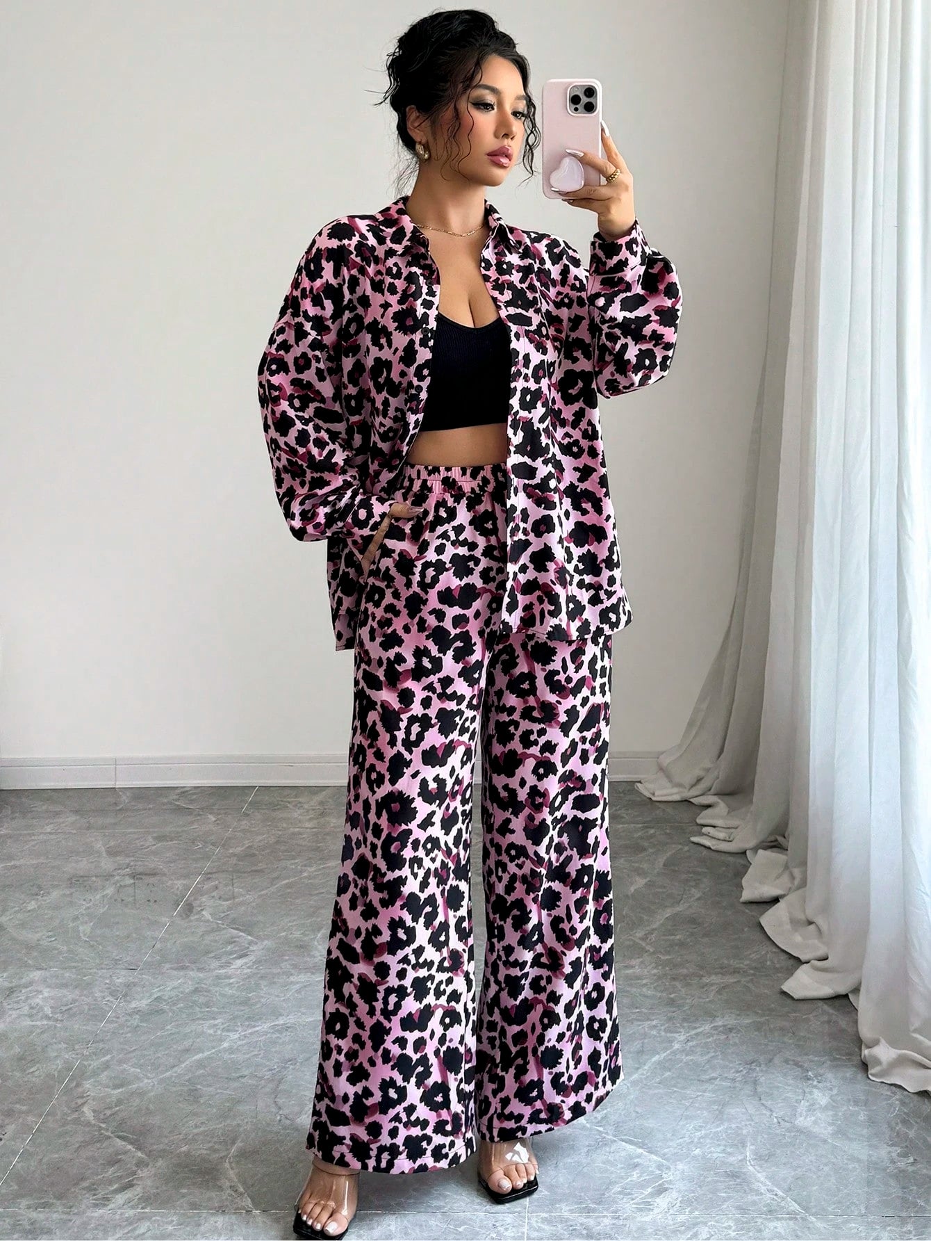 Women Casual Leopard Print Shirt And Pants Set shein