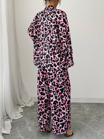 Women Casual Leopard Print Shirt And Pants Set
