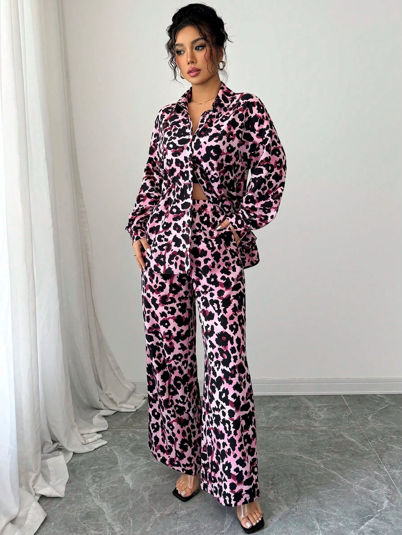 Women Casual Leopard Print Shirt And Pants Set shein