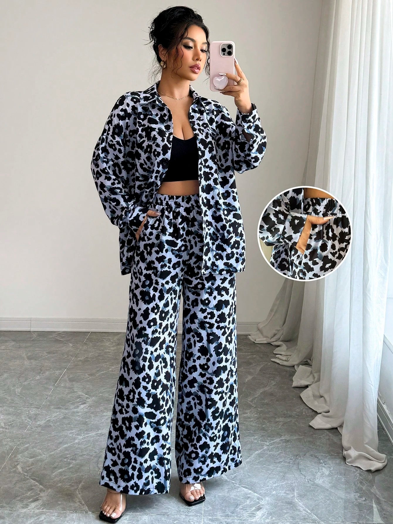 Women Casual Leopard Print Shirt And Pants Set shein