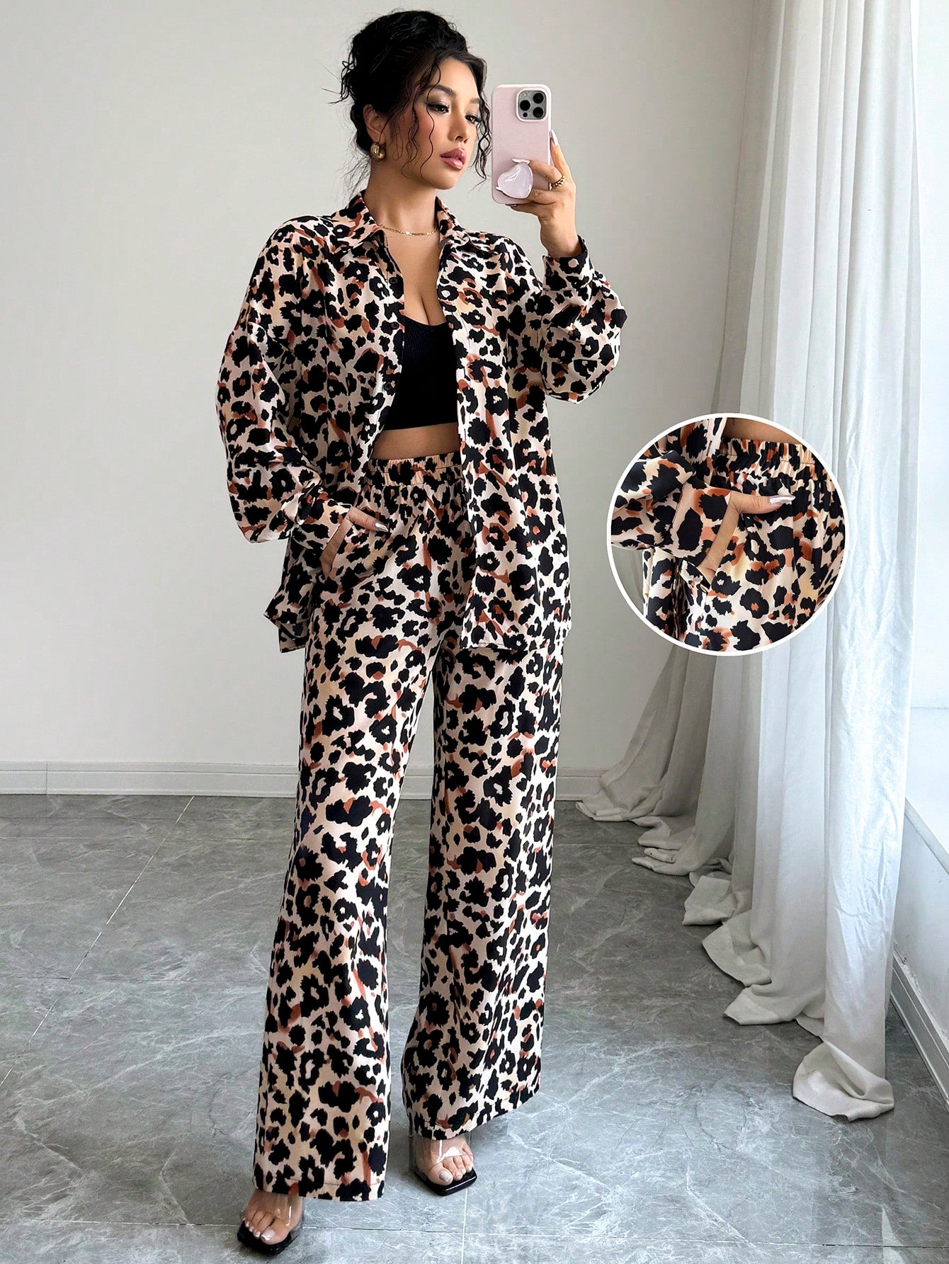 Women Casual Leopard Print Shirt And Pants Set shein