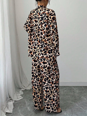 Women Casual Leopard Print Shirt And Pants Set
