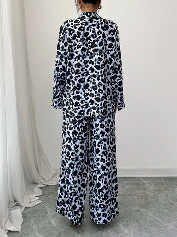 Women Casual Leopard Print Shirt And Pants Set