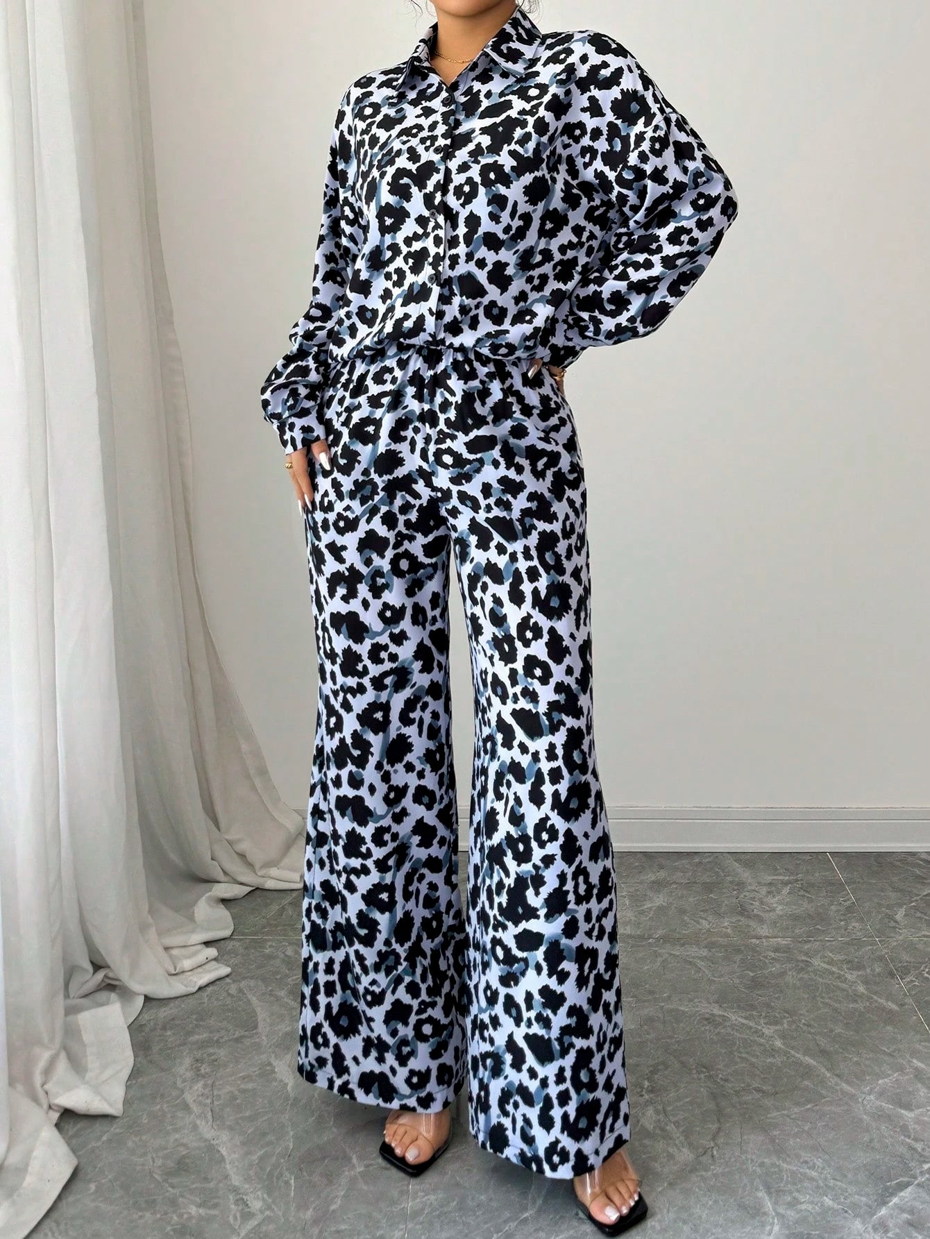 Women Casual Leopard Print Shirt And Pants Set shein