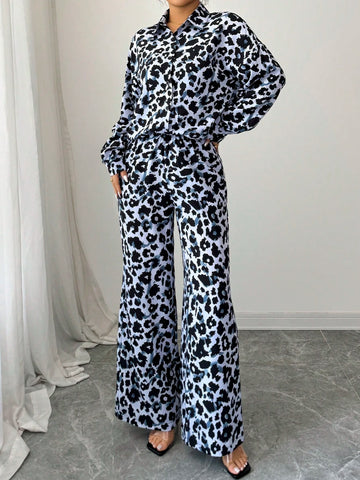 Women Casual Leopard Print Shirt And Pants Set