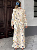 2pcs Women French Elegant Stripe Long Sleeve Buttoned Shirt And Wide Leg Pants shein