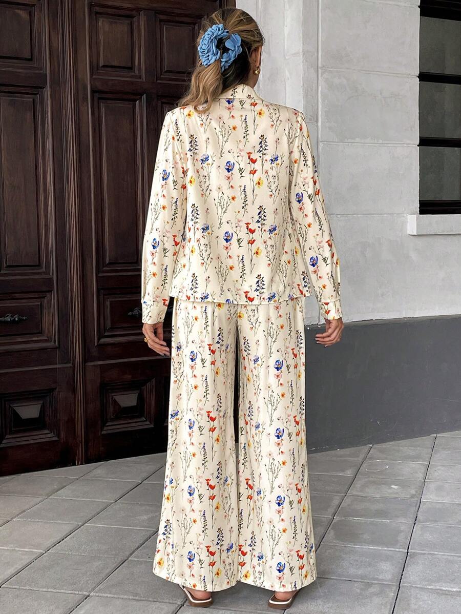 2pcs Women French Elegant Stripe Long Sleeve Buttoned Shirt And Wide Leg Pants shein
