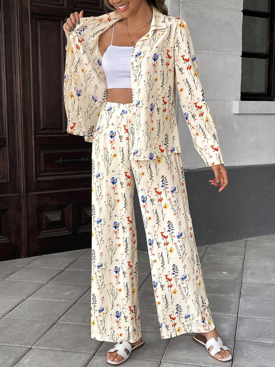 2pcs Women French Elegant Stripe Long Sleeve Buttoned Shirt And Wide Leg Pants shein