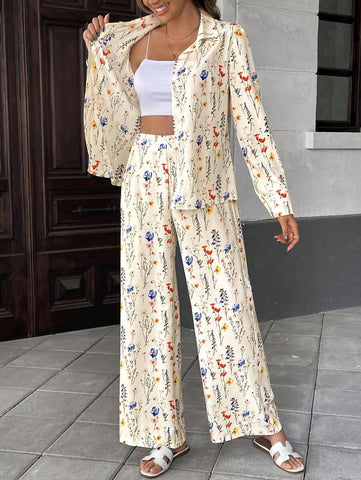 2pcs Women French Elegant Stripe Long Sleeve Buttoned Shirt And Wide Leg Pants