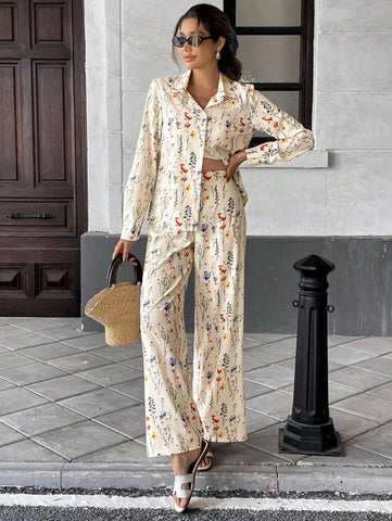 2pcs Women French Elegant Stripe Long Sleeve Buttoned Shirt And Wide Leg Pants