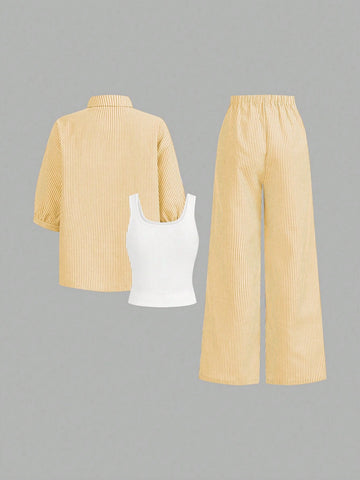 Luneh Square Neck Fitted Crop Top With Elastic Waist Bowknot Belt And Wide-Leg Pants + Vintage Leopard Print Button-Up Shirt