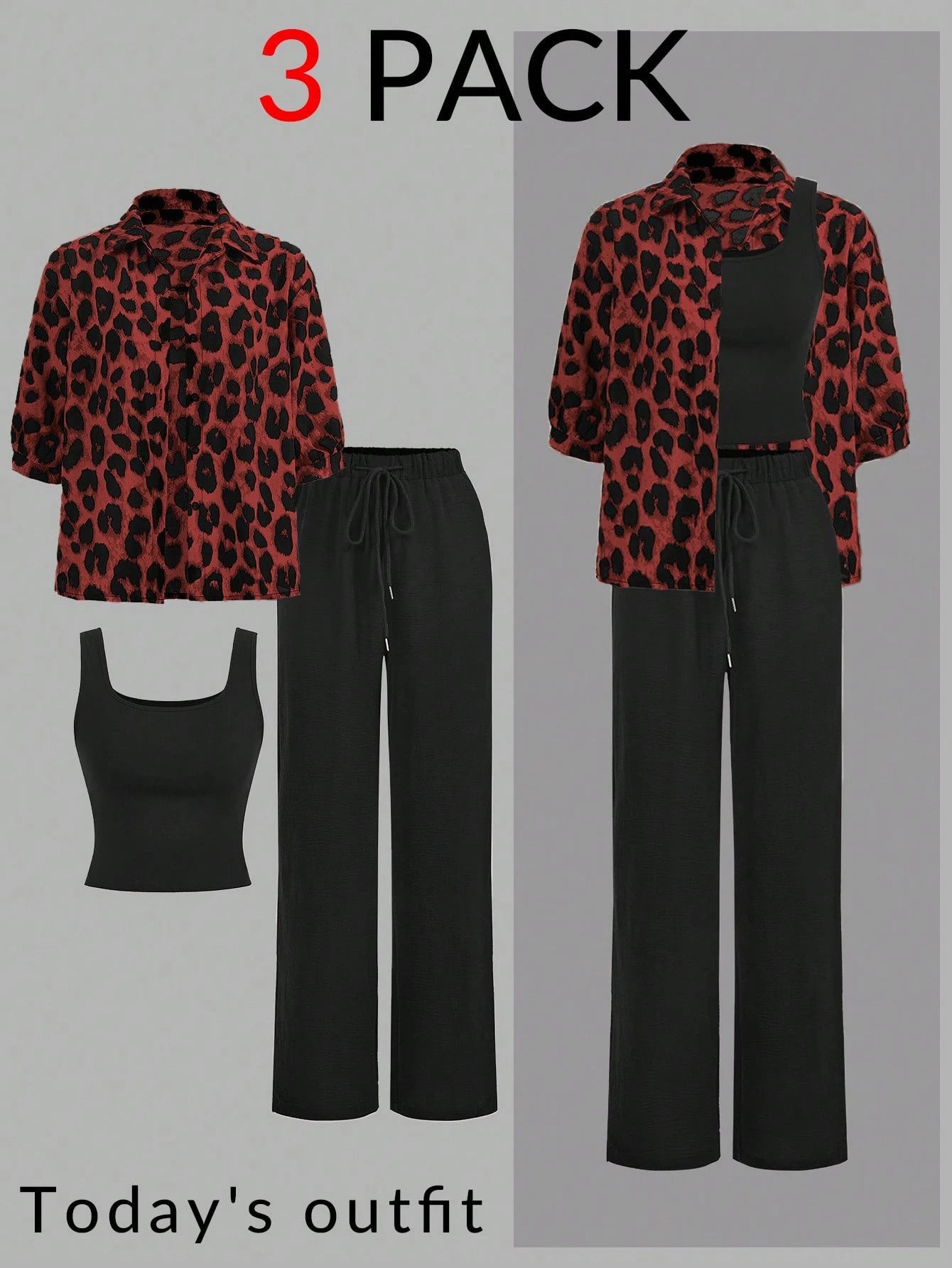 Luneh Square Neck Fitted Crop Top With Elastic Waist Bowknot Belt And Wide-Leg Pants + Vintage Leopard Print Button-Up Shirt shein