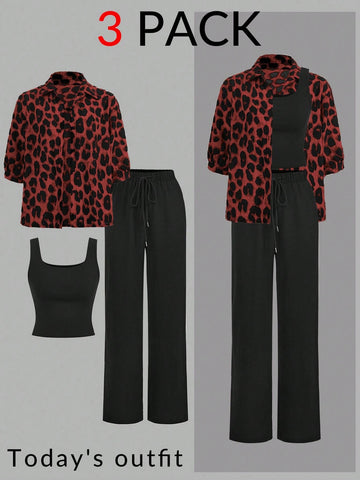 Luneh Square Neck Fitted Crop Top With Elastic Waist Bowknot Belt And Wide-Leg Pants + Vintage Leopard Print Button-Up Shirt