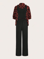 Luneh Square Neck Fitted Crop Top With Elastic Waist Bowknot Belt And Wide-Leg Pants + Vintage Leopard Print Button-Up Shirt shein