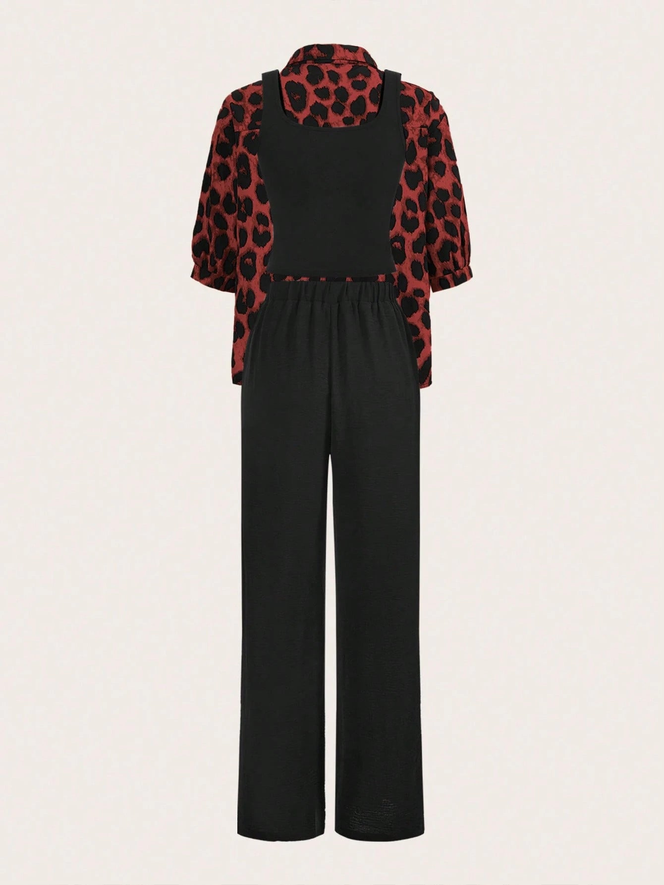 Luneh Square Neck Fitted Crop Top With Elastic Waist Bowknot Belt And Wide-Leg Pants + Vintage Leopard Print Button-Up Shirt shein