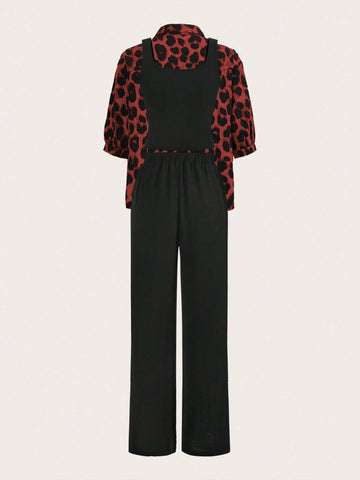 Luneh Square Neck Fitted Crop Top With Elastic Waist Bowknot Belt And Wide-Leg Pants + Vintage Leopard Print Button-Up Shirt