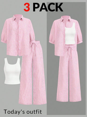 Luneh Square Neck Fitted Crop Top With Elastic Waist Bowknot Belt And Wide-Leg Pants + Vintage Leopard Print Button-Up Shirt