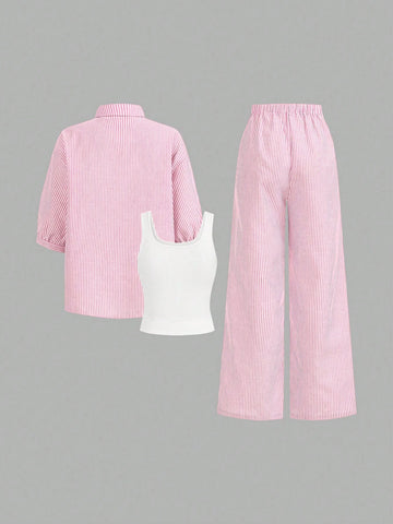 Luneh Square Neck Fitted Crop Top With Elastic Waist Bowknot Belt And Wide-Leg Pants + Vintage Leopard Print Button-Up Shirt