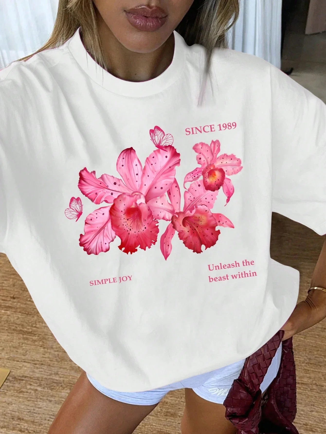 EZwear Oversized Casual Cherry Pattern Round Neck Short Sleeve T-Shirt shein