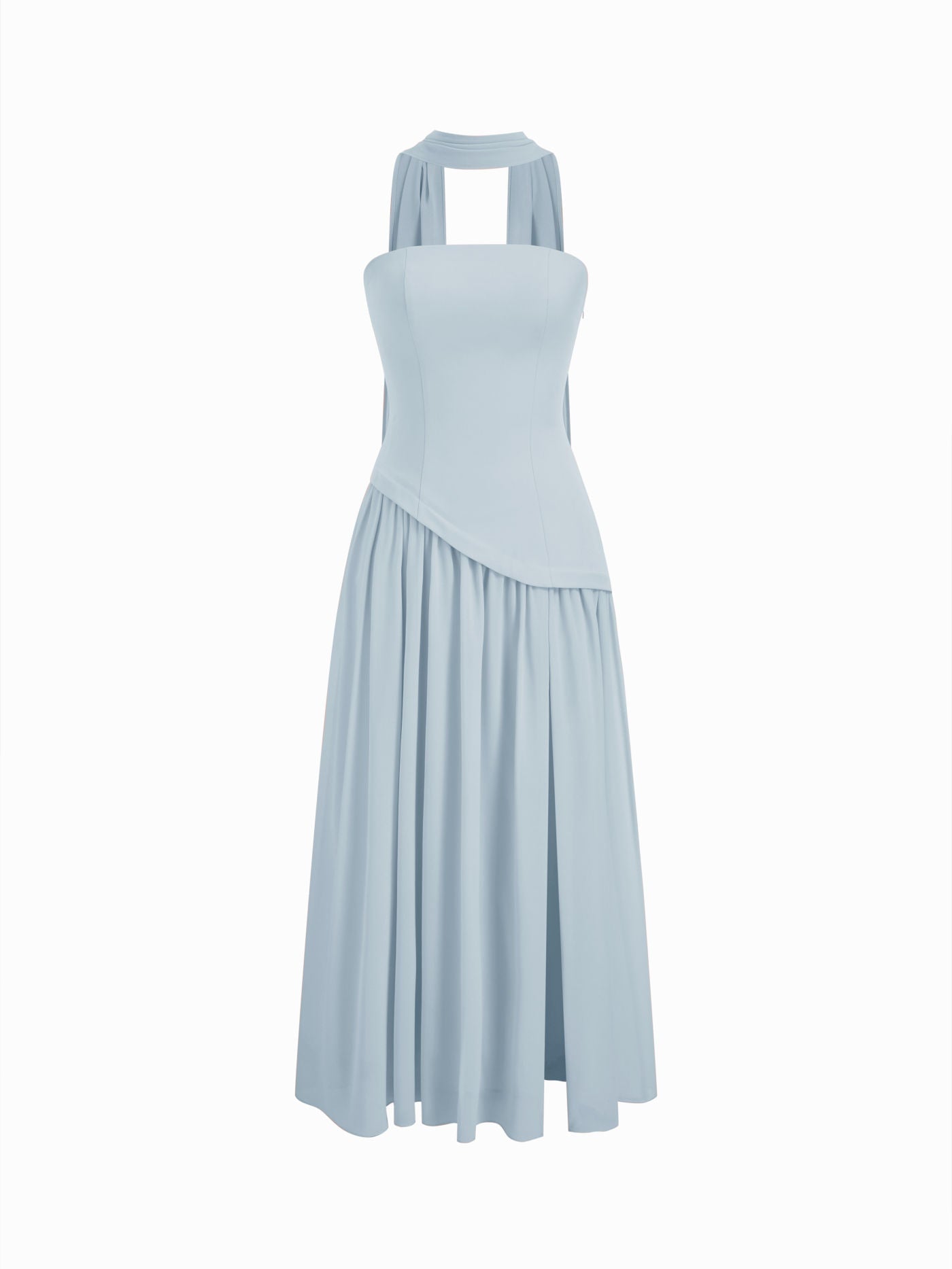 Chiffon Sculptural Halter Neckline Lace Up Maxi Bobycon Dress With Scarf Cider