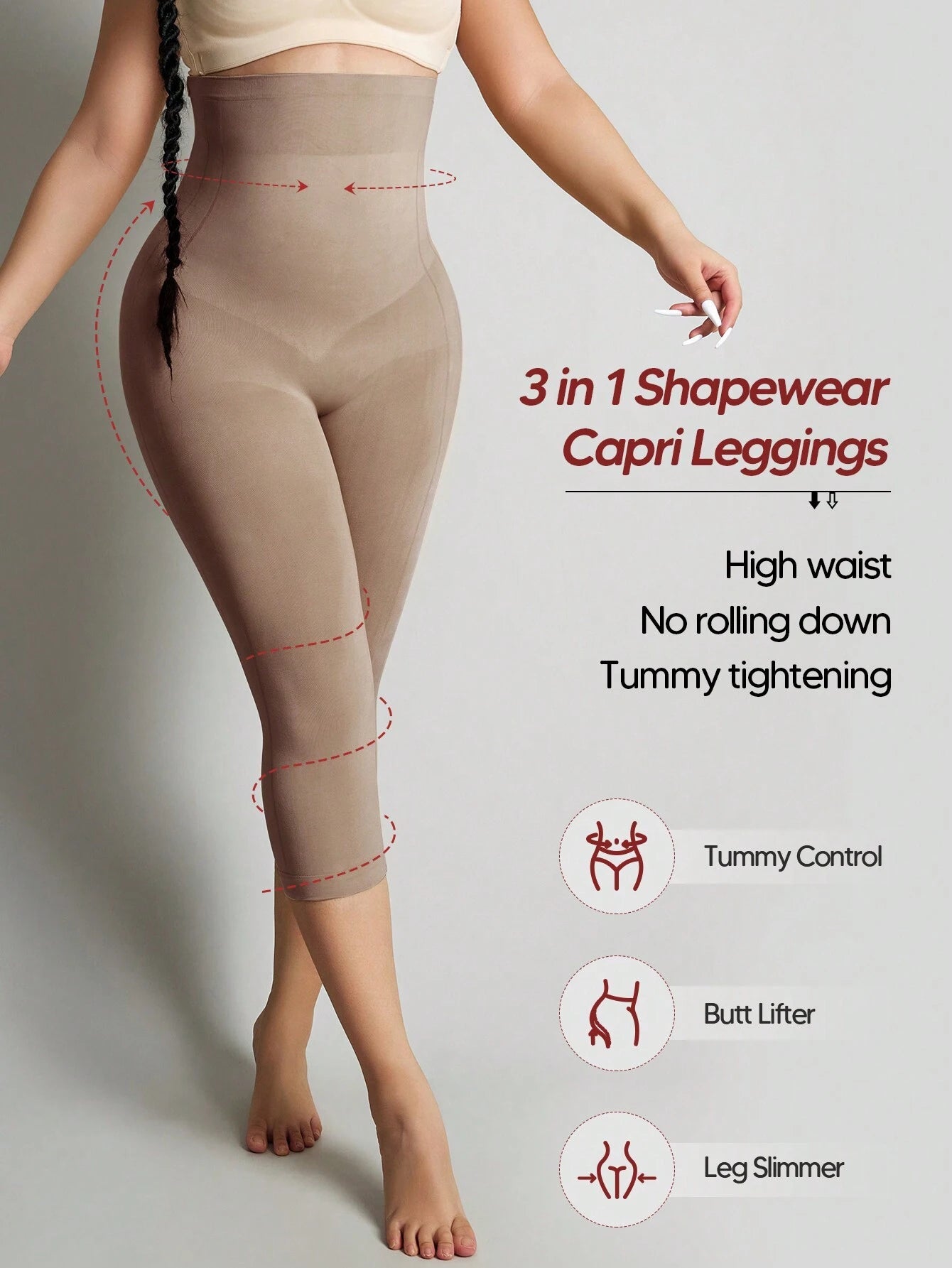 1Pc High-Waisted Comfy Leggings Butt Lift Tummy Control Thigh Slimmer Mid-Thigh Cropped Shapepants