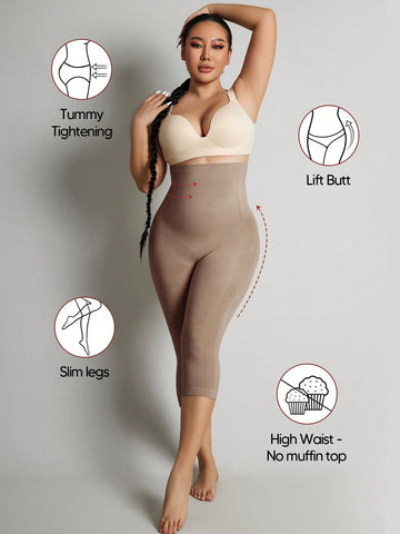 1Pc High-Waisted Comfy Leggings Butt Lift Tummy Control Thigh Slimmer Mid-Thigh Cropped Shapepants