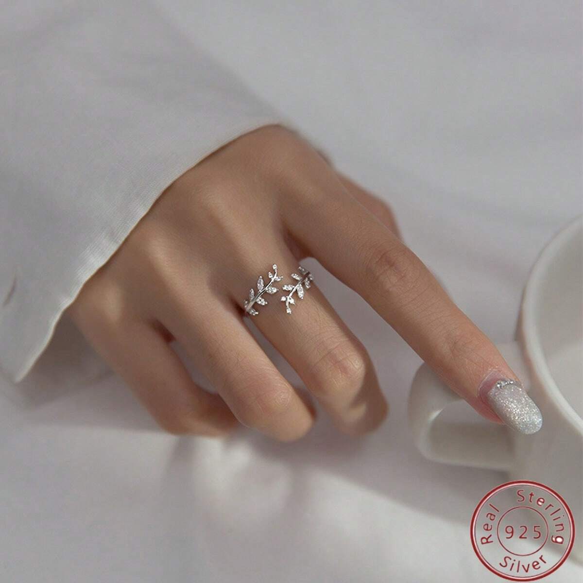 1 Piece Of Fashionable Cubic Zirconia S925 Sterling Silver Branch And Leaf Open Ring shein