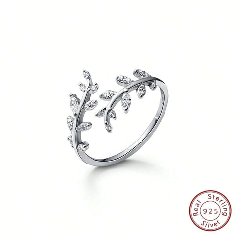 1 Piece Of Fashionable Cubic Zirconia S925 Sterling Silver Branch And Leaf Open Ring shein