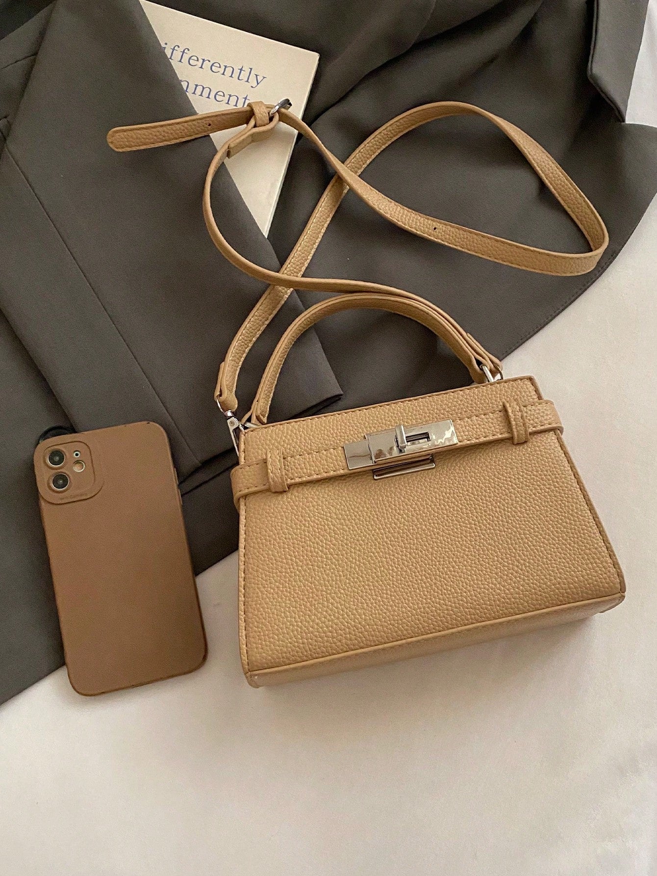 Fashionable High-End Litchi Grain Women's Handbag shein