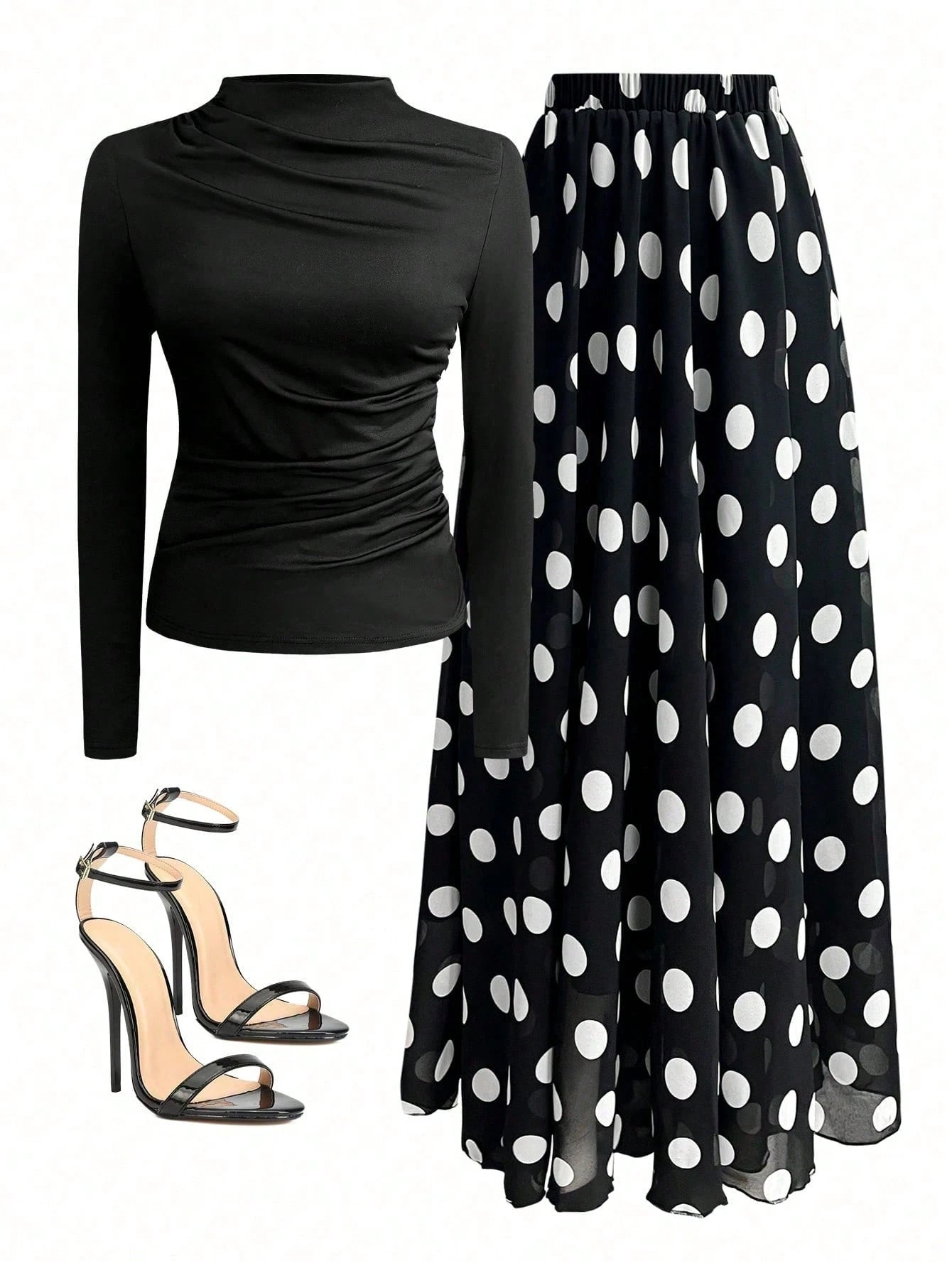 Women Solid Crew Neck Pleated Fitted Long Sleeve T-Shirt + Leopard Print Skirt