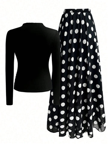 Women Solid Crew Neck Pleated Fitted Long Sleeve T-Shirt + Leopard Print Skirt