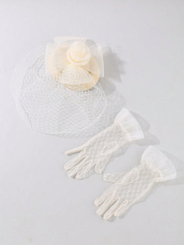 1pc Women Fashion Mesh Flower Decor Elegant Hat & 1Pair Full Finger Gloves