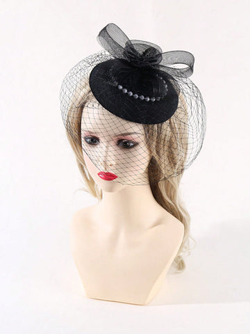 1pc Women Fashion Mesh Flower Decor Elegant Hat & 1Pair Full Finger Gloves