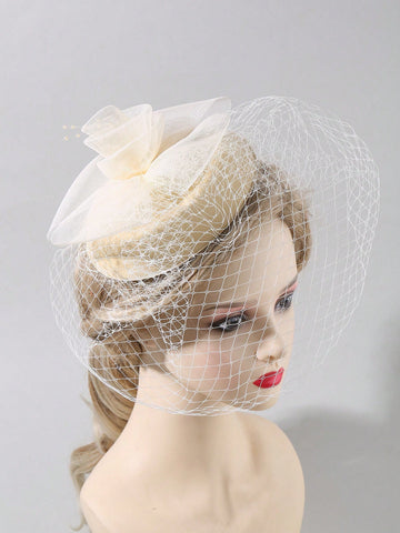 1pc Women Fashion Mesh Flower Decor Elegant Hat & 1Pair Full Finger Gloves