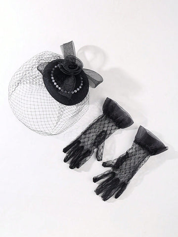 1pc Women Fashion Mesh Flower Decor Elegant Hat & 1Pair Full Finger Gloves