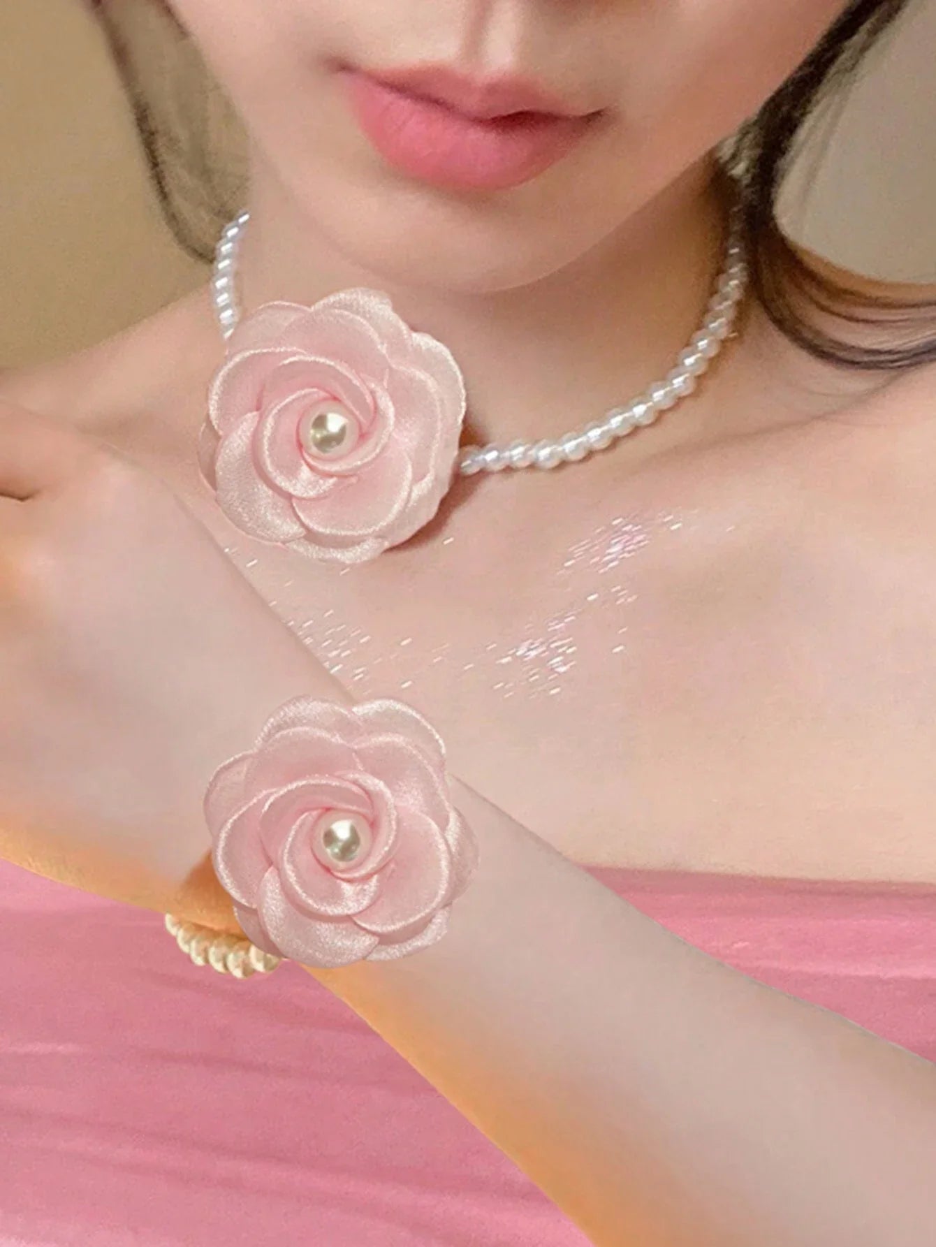 1 Set Women Necklace & Bracelet Jewelry With Organza Flower & Faux Pearl shein