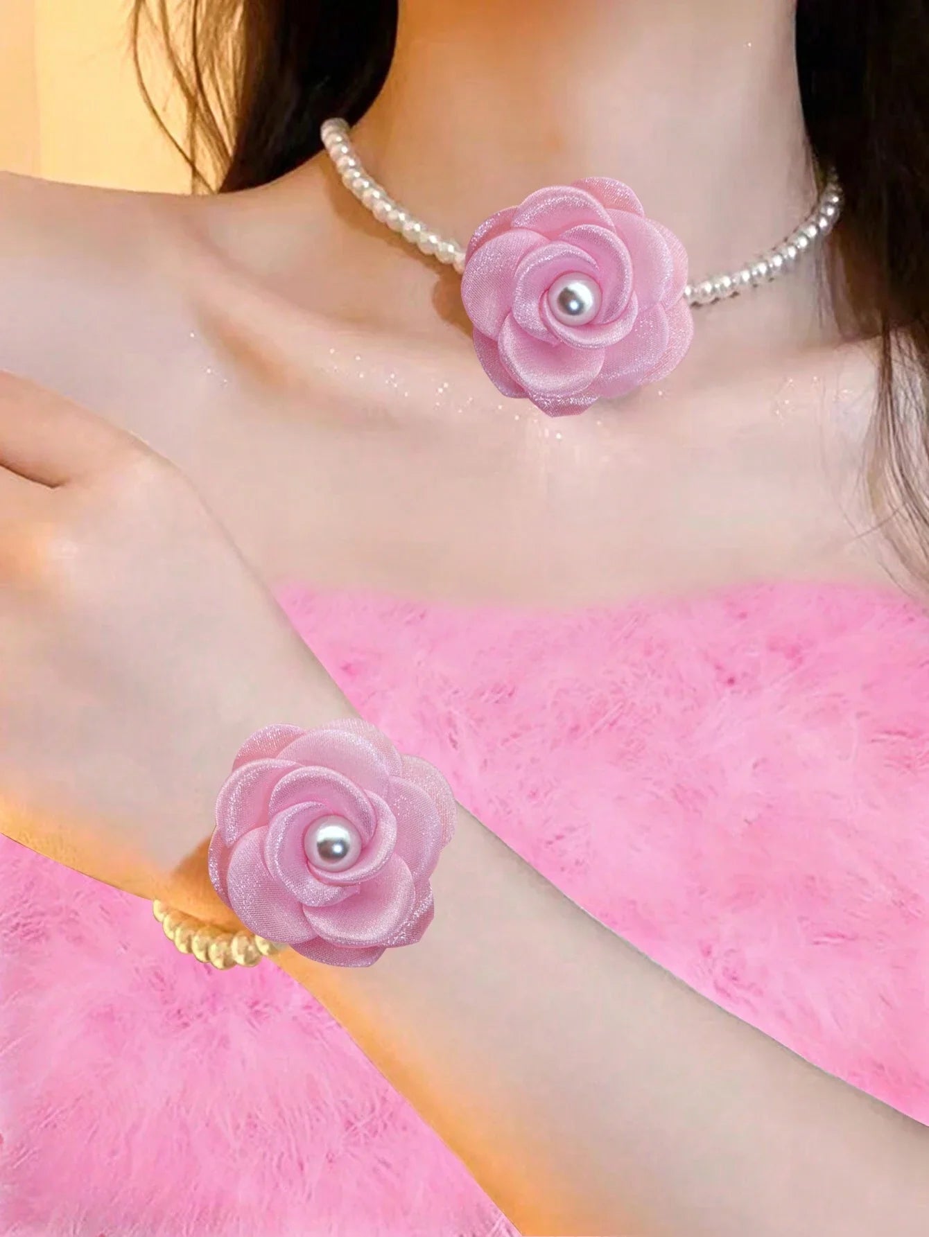 1 Set Women Necklace & Bracelet Jewelry With Organza Flower & Faux Pearl shein