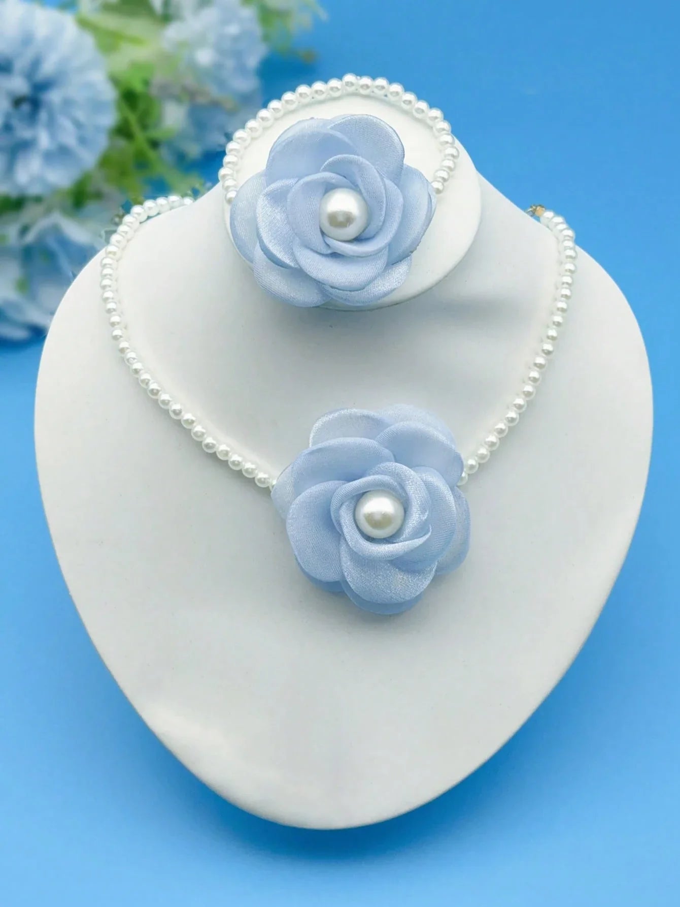 1 Set Women Necklace & Bracelet Jewelry With Organza Flower & Faux Pearl shein