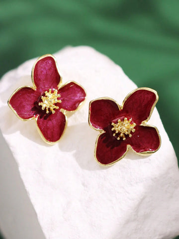 1pair Trendy Needle Luoshen Flower Drop Glaze Flower Earrings shein