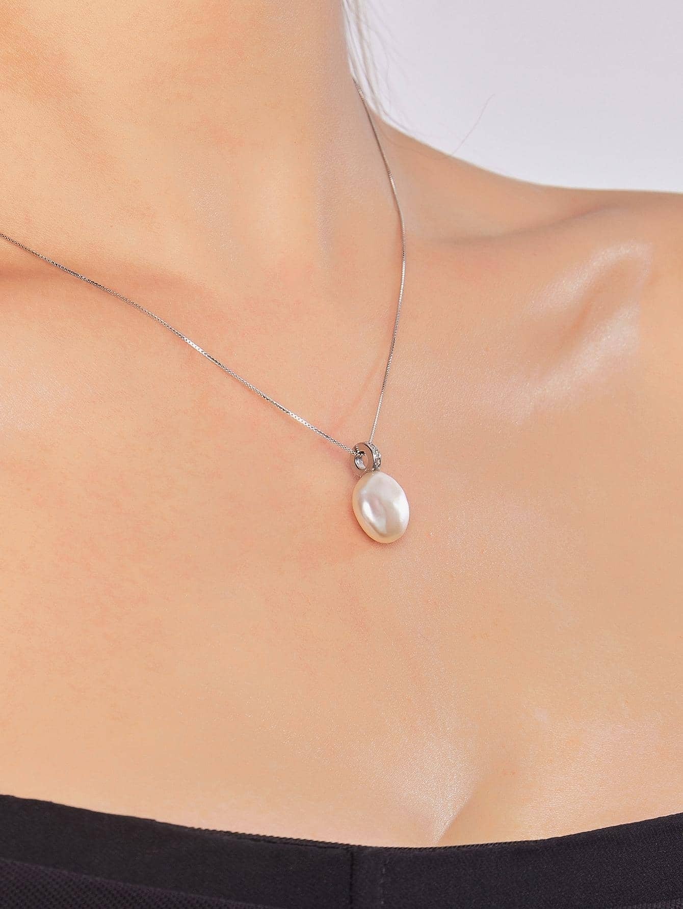 1pc Fashion Cubic Zirconia Decor Cultured Pearl Sterling Silver Pendant Necklace shein