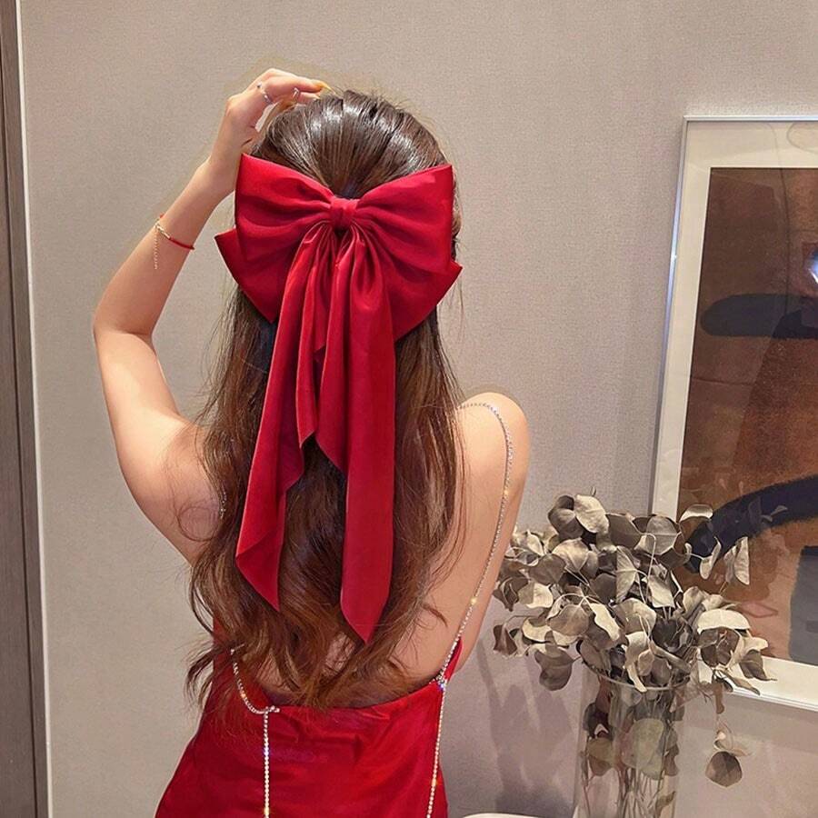 1pc Ladies' Red Bowknot Ribbon & Satin Material Hair Clip With Spring Clip shein