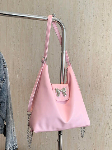 1pc Pu Material Shoulder Bag With Large Capacity, Decorative Straps And Zipper shein