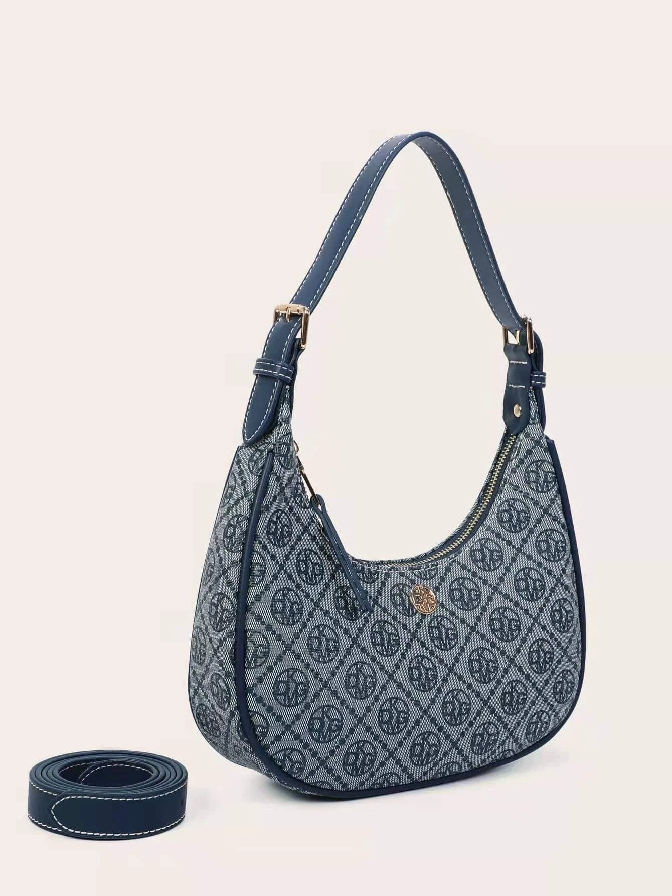 1pc Retro Pattern Pu Zipper Closure Shoulder Bag shein