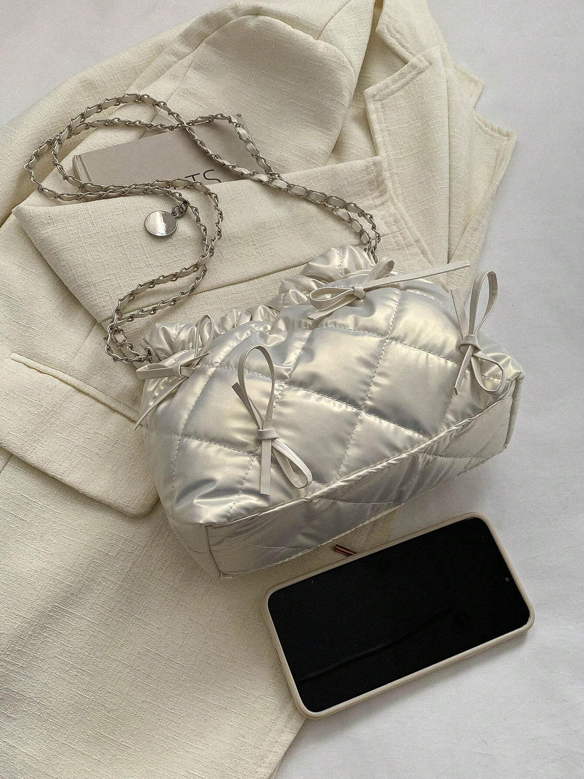 1pc Solid Color Bowknot Decor Pu Leather Women's Shoulder Bag shein